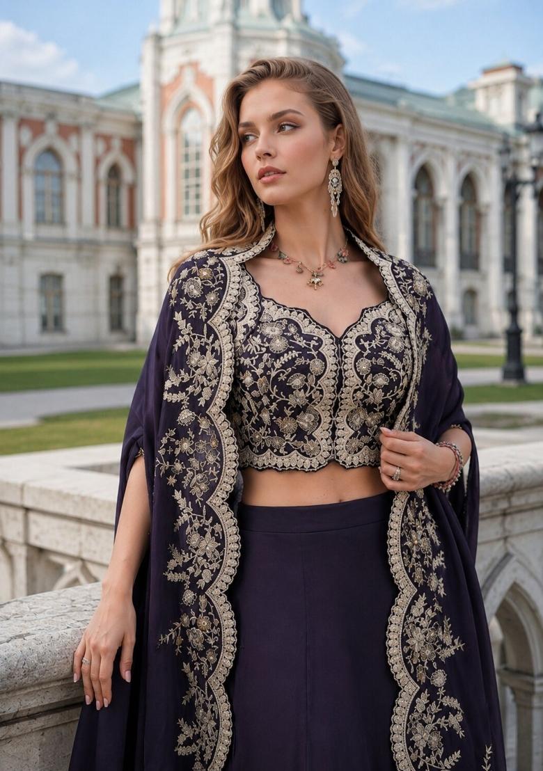 Purple Embroidered Silk Kurta Set - Indya