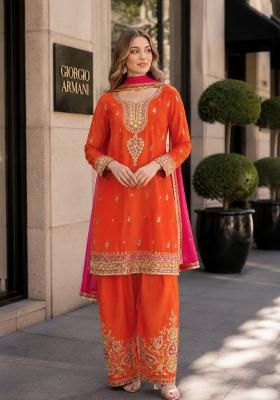Orange Embroidered Silk Kurta Set