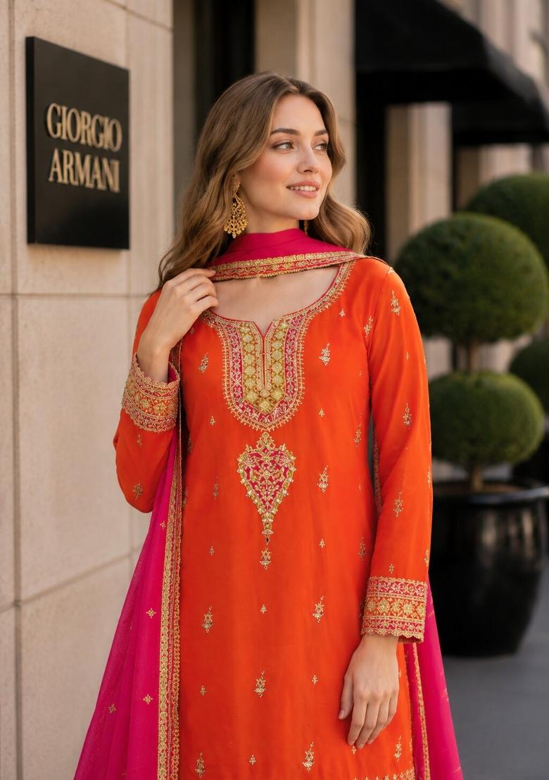 Orange Embroidered Silk Kurta Set - Indya