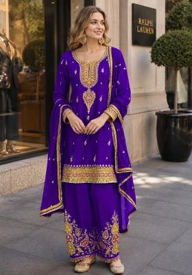 Purple Embroidered Silk Kurta Set