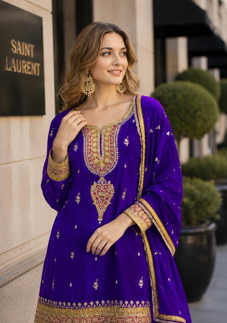 Purple Embroidered Silk Kurta Set - Indya