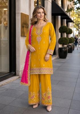 Mustard Embroidered Silk Kurta Set