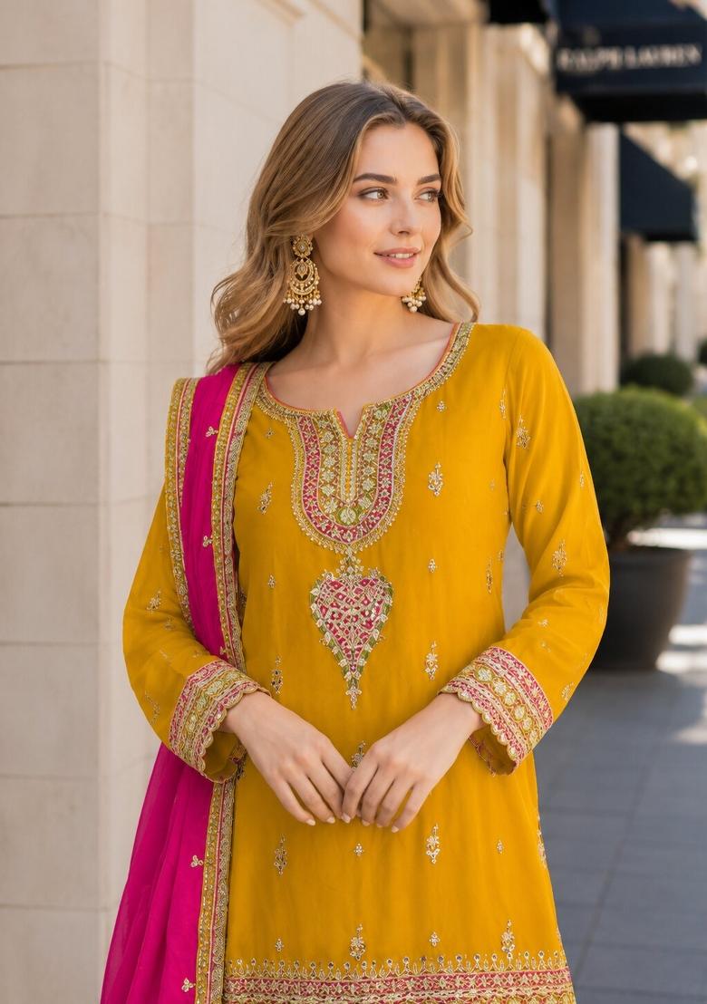Mustard Embroidered Silk Kurta Set - Indya