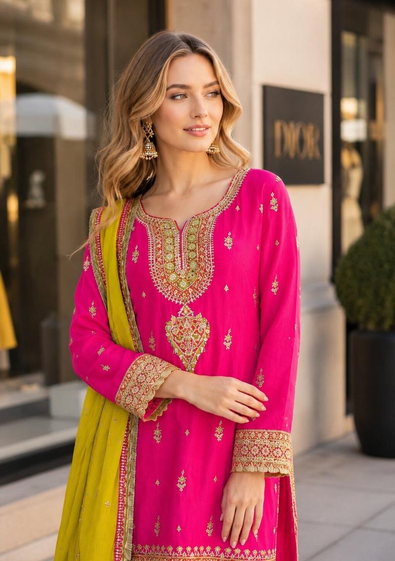 Pink Embroidered Silk Kurta Set - Indya