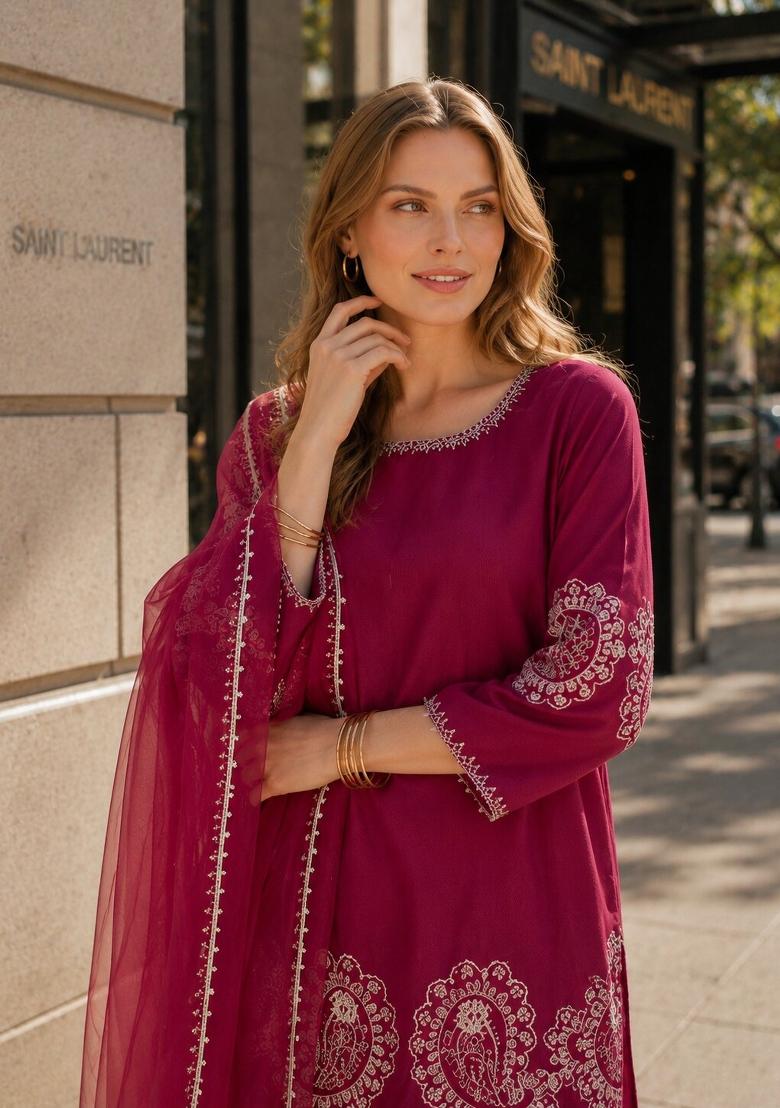 Maroon Embroidered Crepe Kurta Set - Indya