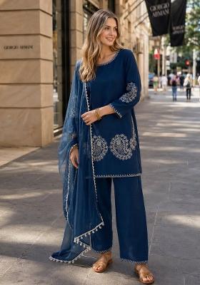 Navy Blue Embroidered Crepe Kurta Set