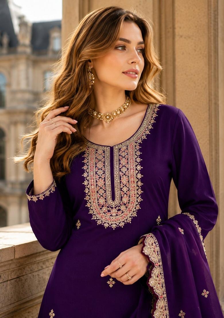 Violet Embroidered Silk Kurta Set - Indya
