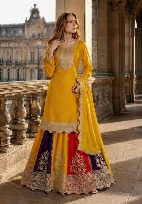 Yellow Embroidered Silk Kurta Set