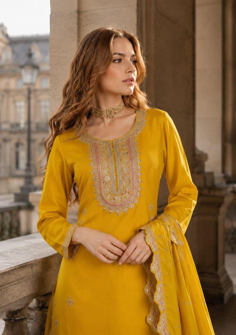 Yellow Embroidered Silk Kurta Set - Indya