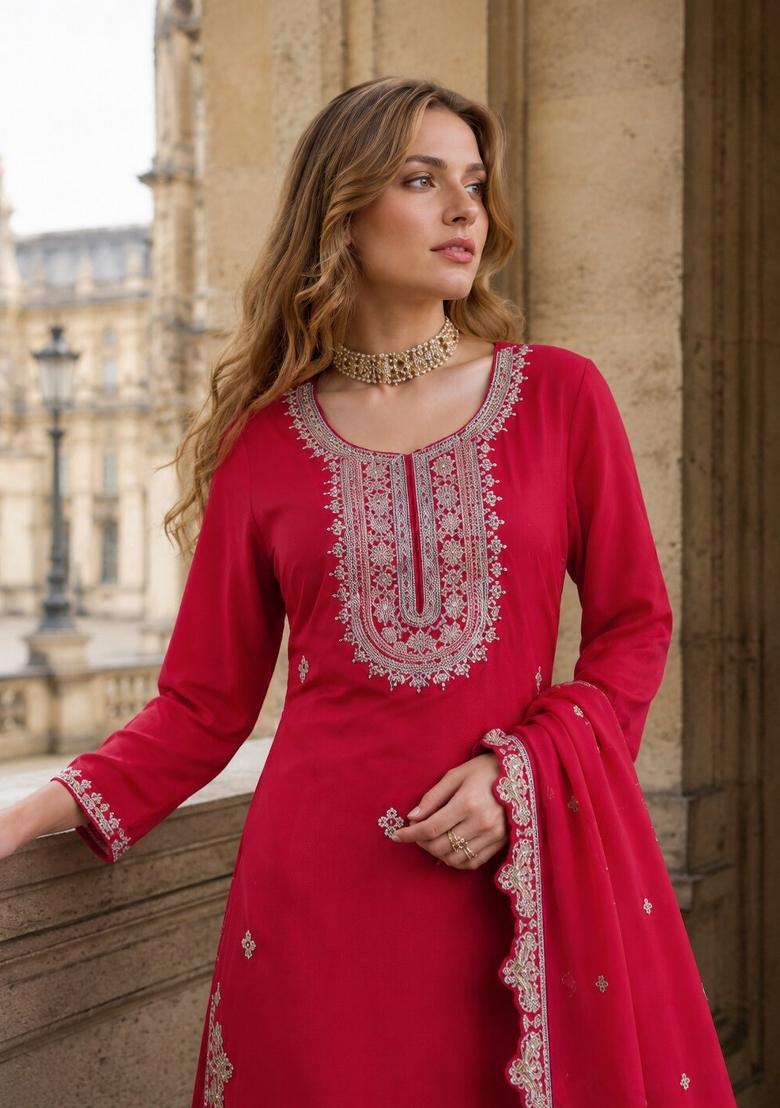 Magenta Embroidered Silk Kurta Set - Indya