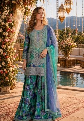 Blue Embroidered Silk Kurta Set