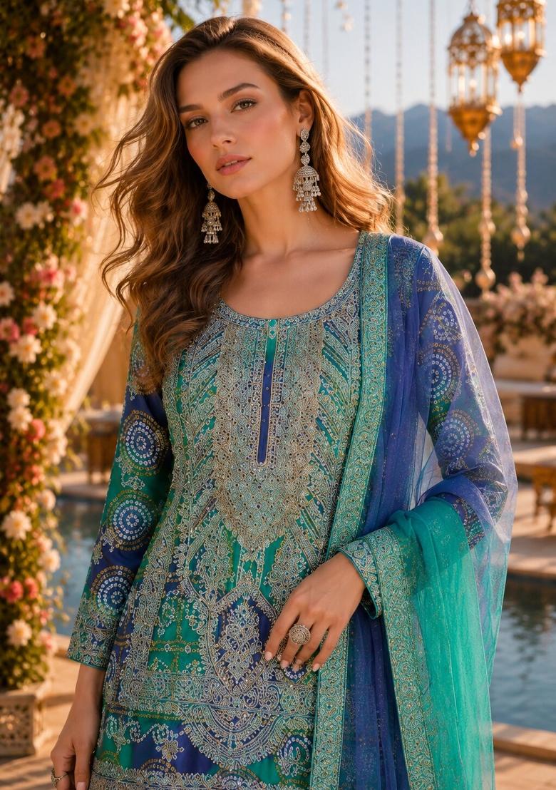 Blue Embroidered Silk Kurta Set - Indya
