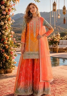 Orange Embroidered Silk Kurta Set