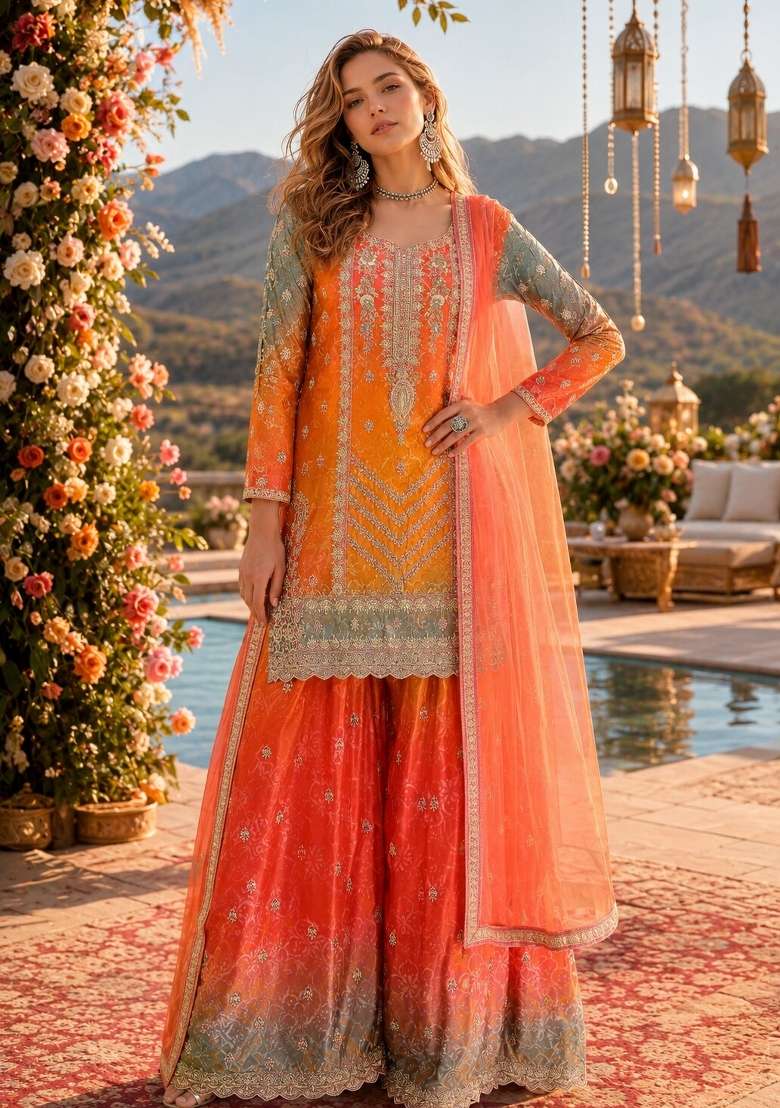 Orange Embroidered Silk Kurta Set - Indya