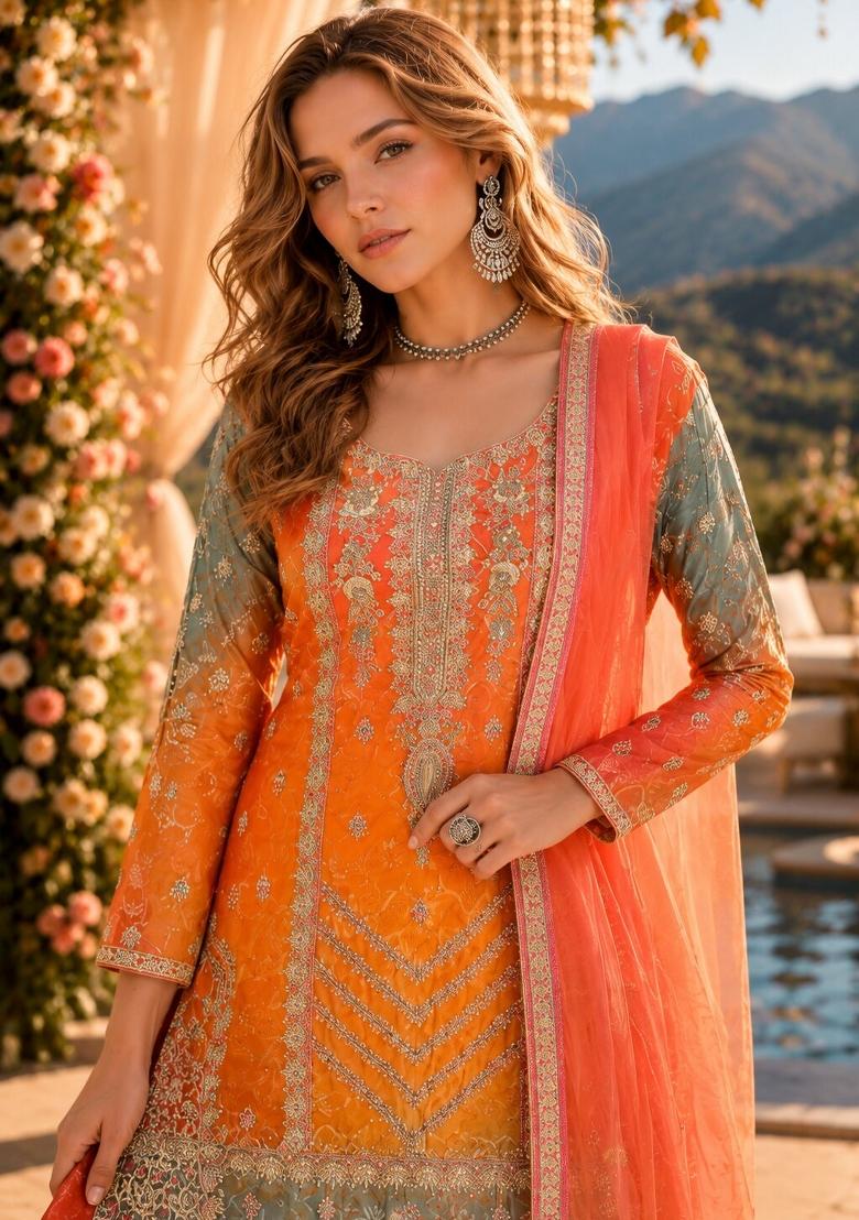 Orange Embroidered Silk Kurta Set - Indya