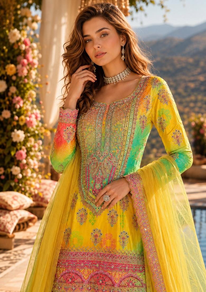 Yellow Embroidered Silk Kurta Set - Indya