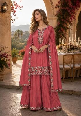 Peach Embroidered Shimmer Kurta Set