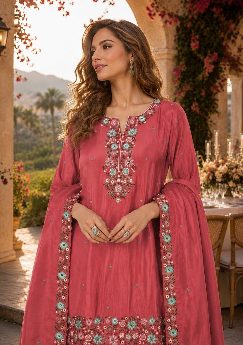 Peach Embroidered Shimmer Kurta Set - Indya