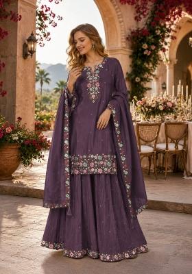 Wine Embroidered Shimmer Kurta Set