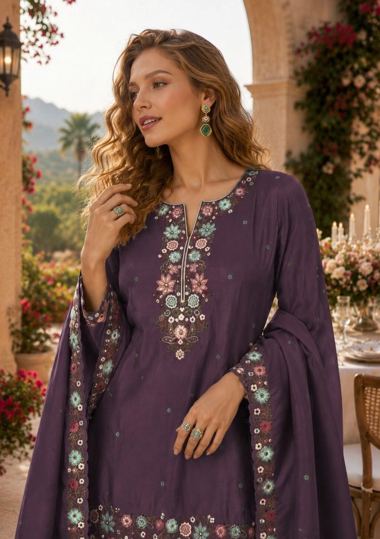 Wine Embroidered Shimmer Kurta Set - Indya
