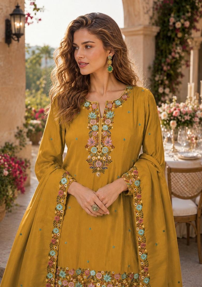 Mustard Embroidered Shimmer Kurta Set - Indya