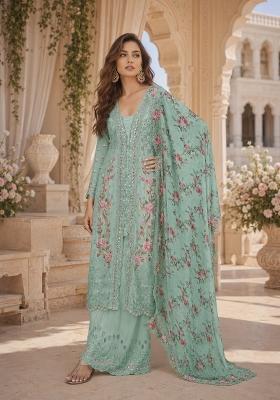 Sea Green Embroidered Silk Kurta Set