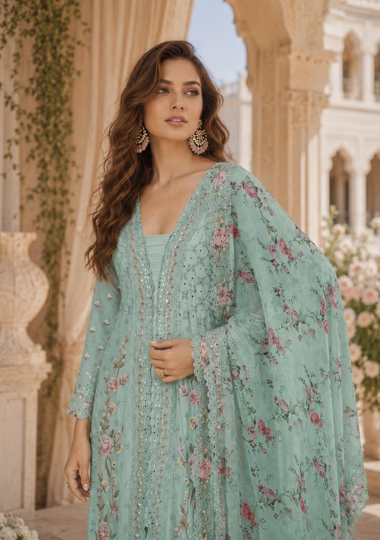 Sea Green Embroidered Silk Kurta Set - Indya