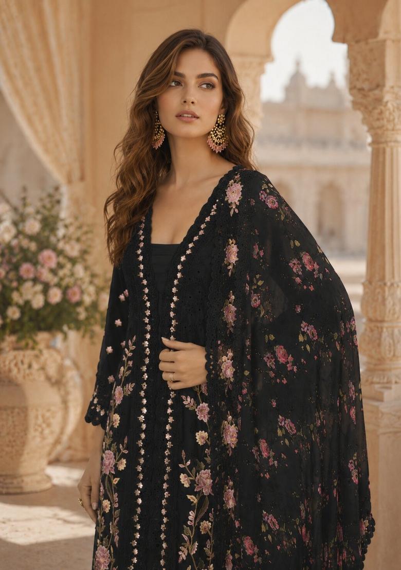 Black Embroidered Silk Kurta Set - Indya