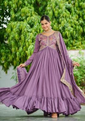 Onion Embroidered Silk Anarkali With Dupatta