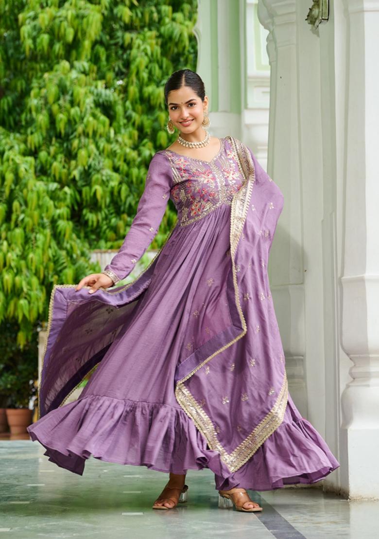 Onion Embroidered Silk Anarkali With Dupatta - Indya
