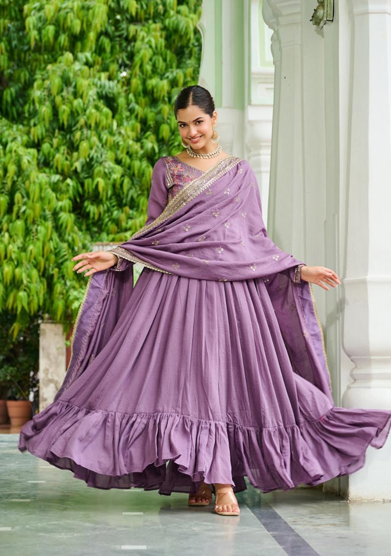 Onion Embroidered Silk Anarkali With Dupatta - Indya