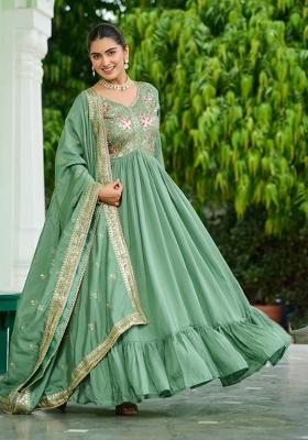 Green Embroidered Silk Anarkali With Dupatta