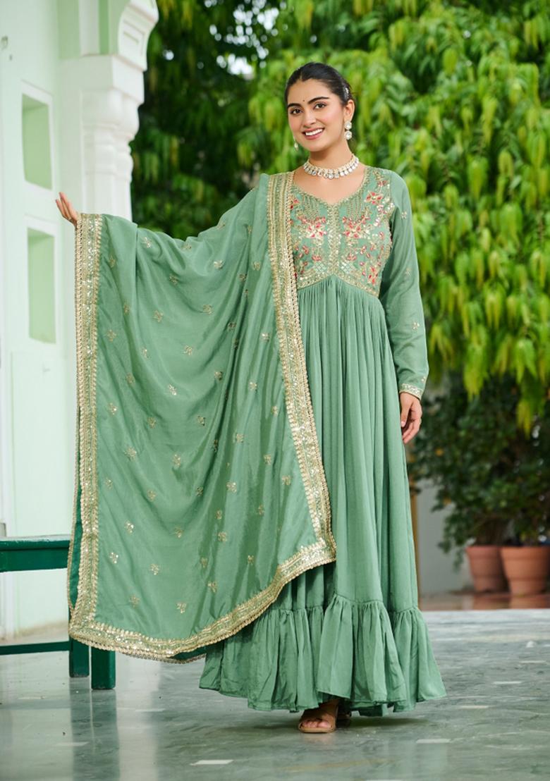 Green Embroidered Silk Anarkali With Dupatta - Indya
