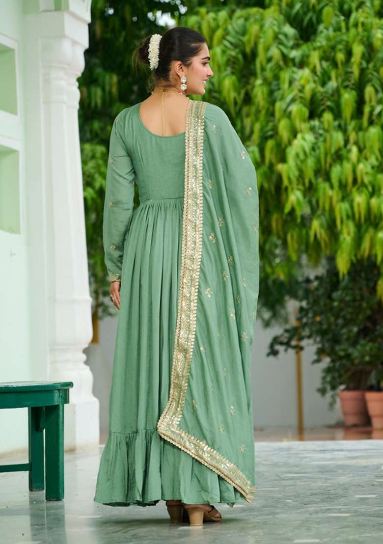 Green Embroidered Silk Anarkali With Dupatta - Indya