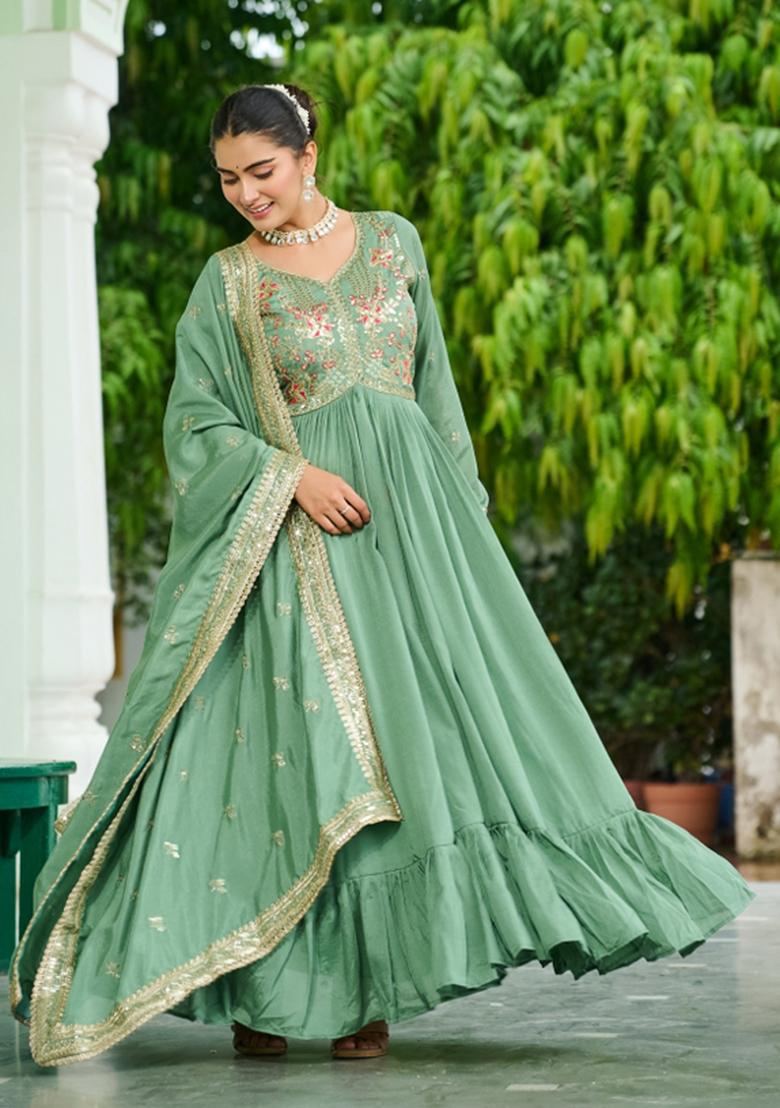 Green Embroidered Silk Anarkali With Dupatta - Indya