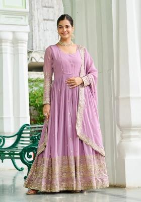 Pink Embroidered Georgette Anarkali With Dupatta