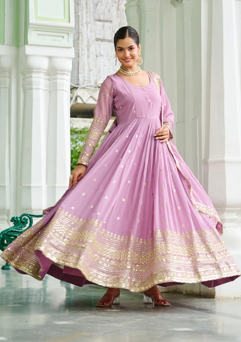 Pink Embroidered Georgette Anarkali With Dupatta - Indya