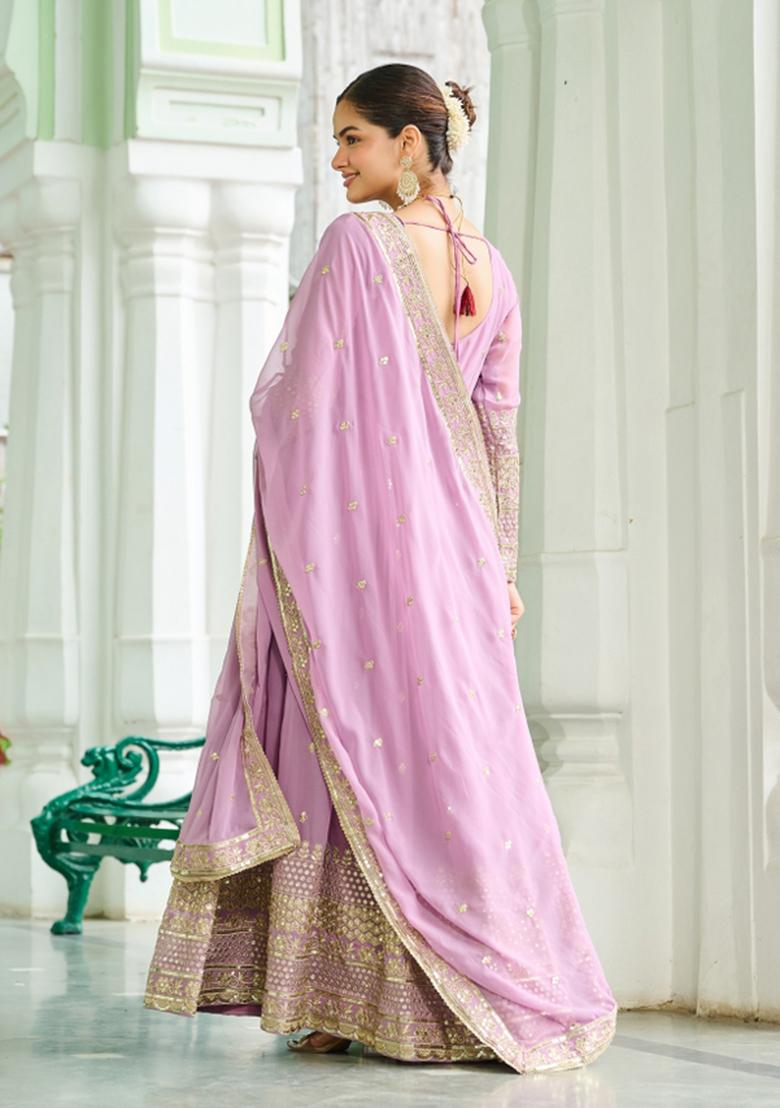 Pink Embroidered Georgette Anarkali With Dupatta - Indya