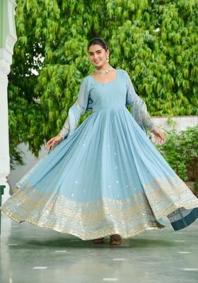 Sky Blue Embroidered Georgette Anarkali With Dupatta