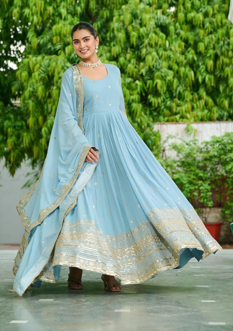 Sky Blue Embroidered Georgette Anarkali With Dupatta - Indya