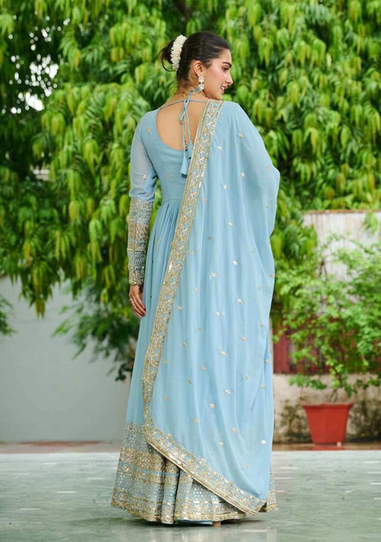 Sky Blue Embroidered Georgette Anarkali With Dupatta - Indya