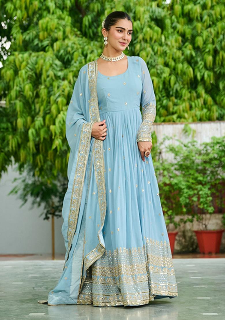 Sky Blue Embroidered Georgette Anarkali With Dupatta - Indya