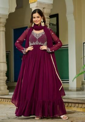 Wine Beads Work Faux Blooming Anarkali With Dupatta