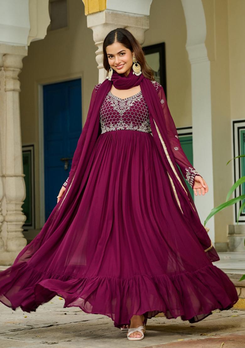 Wine Beads Work Faux Blooming Anarkali With Dupatta - Indya