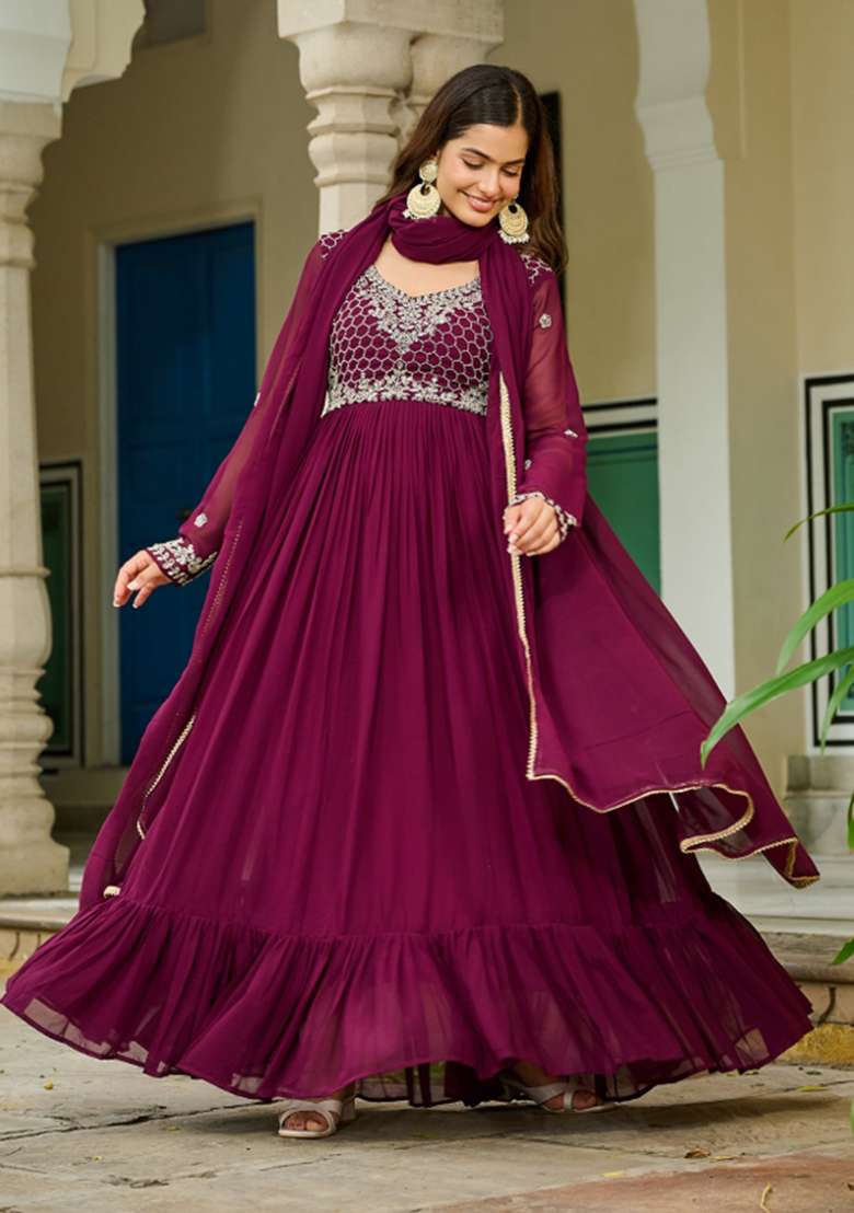 Wine Beads Work Faux Blooming Anarkali With Dupatta - Indya