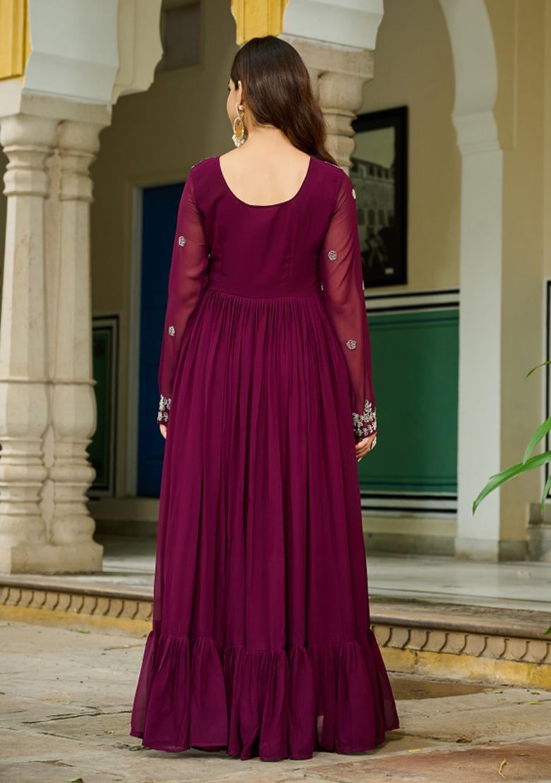 Wine Beads Work Faux Blooming Anarkali With Dupatta - Indya