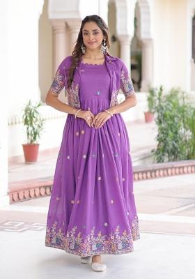 Purple Embroidered Silk Anarkali With Dupatta