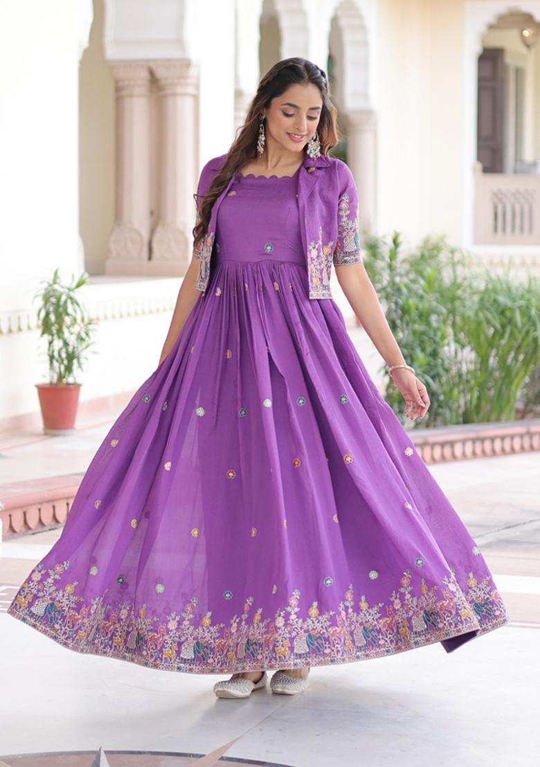 Purple Embroidered Silk Anarkali With Dupatta - Indya