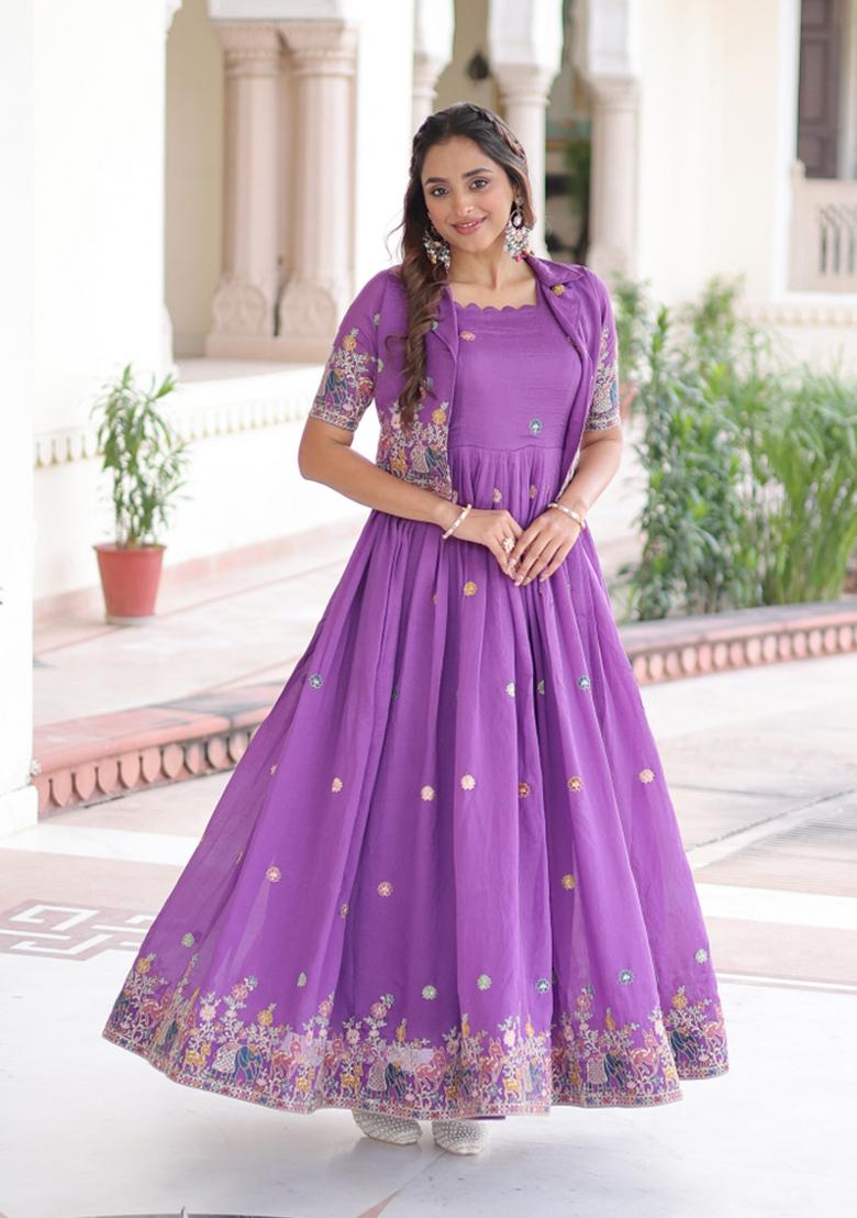 Purple Embroidered Silk Anarkali With Dupatta - Indya