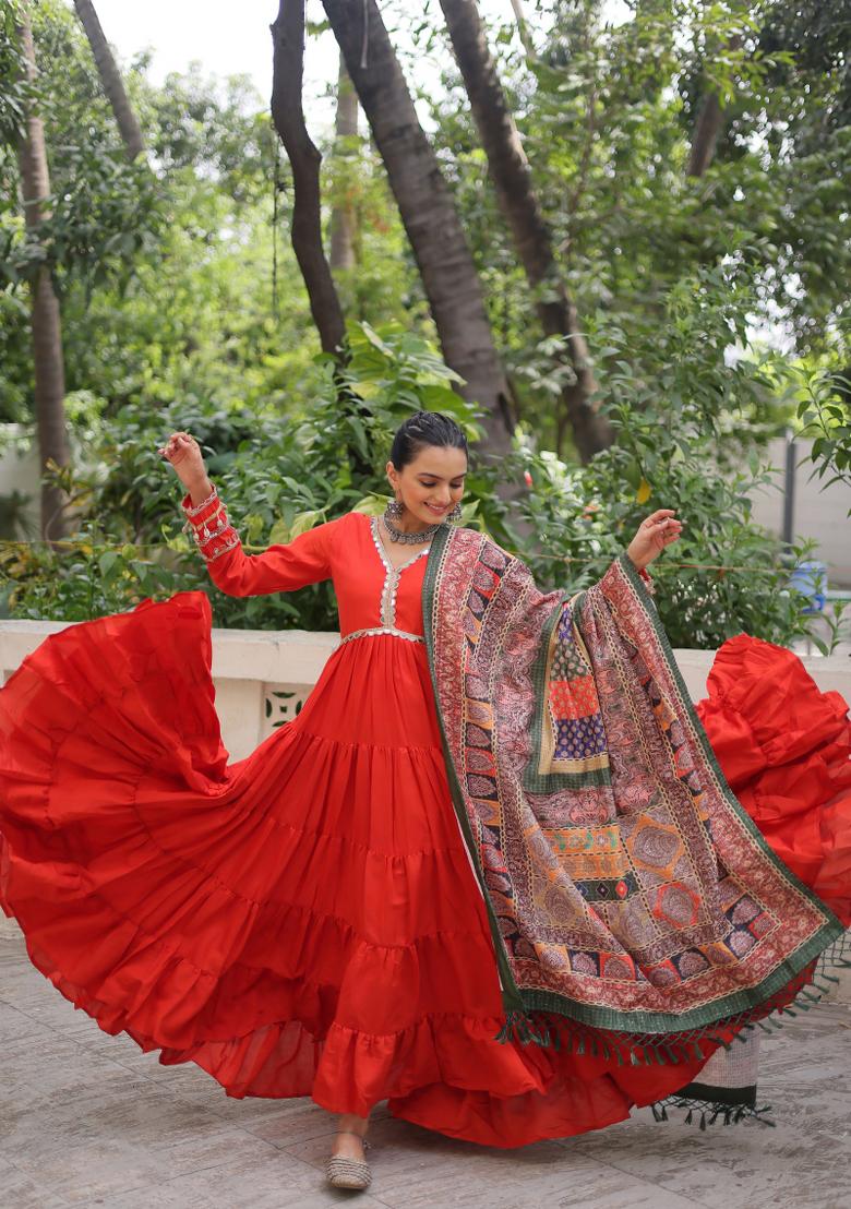 Fanta Mirror Work Silk Anarkali With Dupatta - Indya